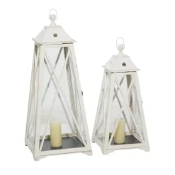 Stella & Eve Tall Triangular Wood & Glass White Lantern 2-piece Set