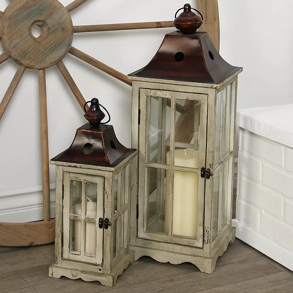 Stella & Eve Large Coastal Wood & Glass Lantern 2-piece Set - Image 2