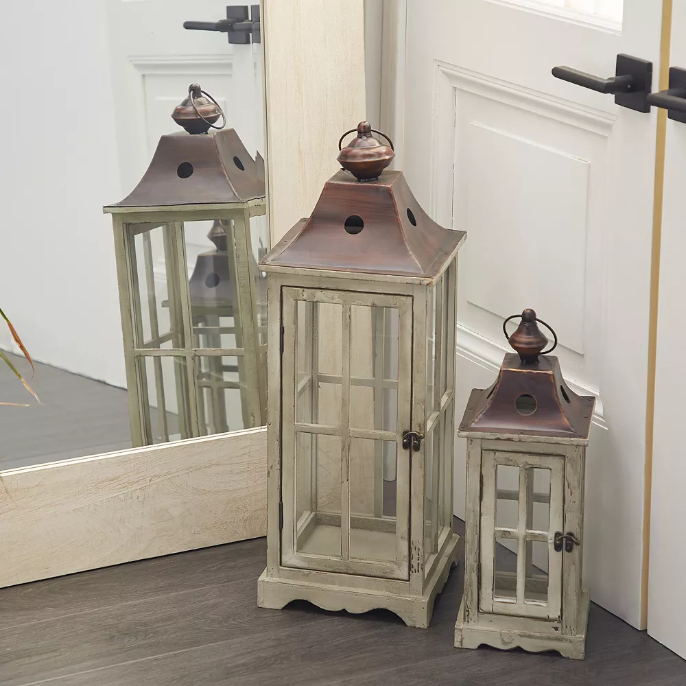 Stella & Eve Large Coastal Wood & Glass Lantern 2-piece Set - Image 3