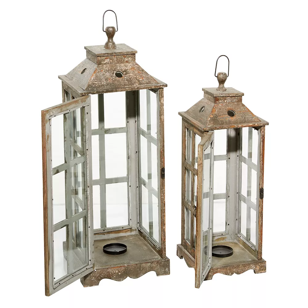 Stella & Eve Tall Distressed Wood Finished Glass Lantern 2-piece Set