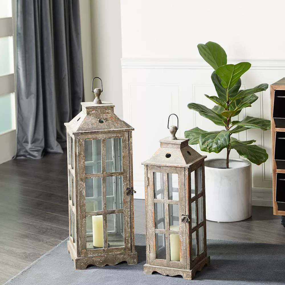 Stella & Eve Tall Distressed Wood Finished Glass Lantern 2-piece Set - Image 2
