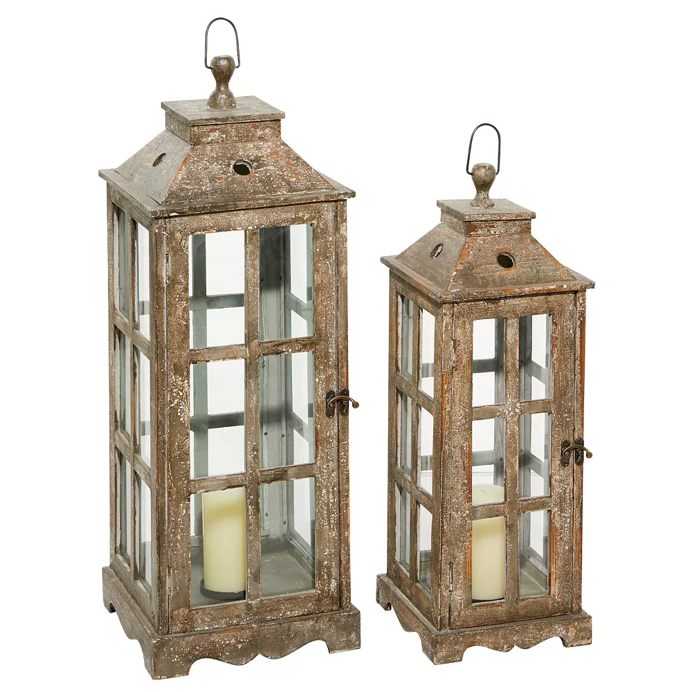 Stella & Eve Tall Distressed Wood Finished Glass Lantern 2-piece Set - Image 3