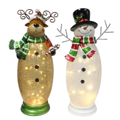 Puleo International Crackle Glass Moose And Snowman Set With 40 LED Rice Lights