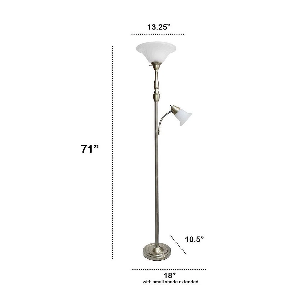 All The Rages Lalia Home Torchiere Floor Lamp With Reading Light And Marble Glass Shades, Antique Brass - Image 2