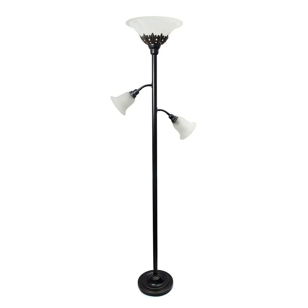Elegant Designs 3 Light Floor Lamp With White Scalloped Glass Shades, Restoration Bronze And White