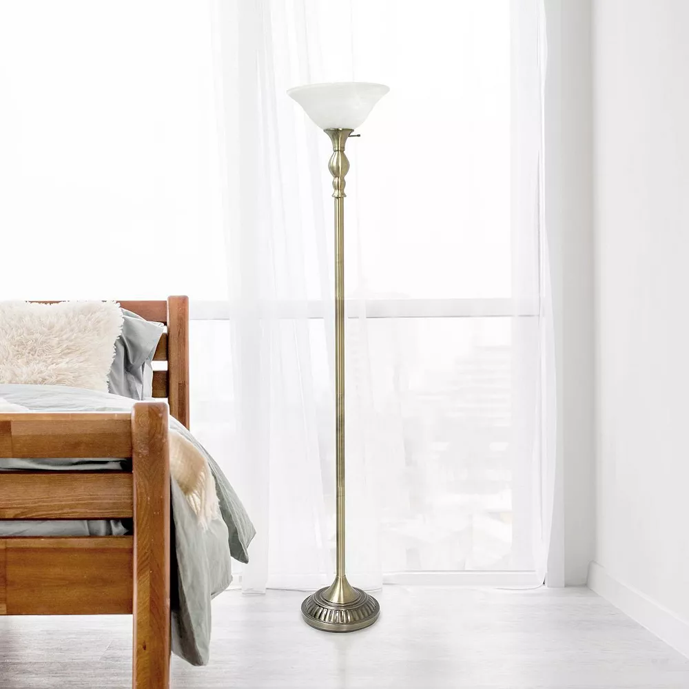 All The Rages Lalia Home Classic 1 Light Torchiere Floor Lamp With Marbleized Glass Shade, Antique Brass - Image 4