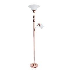 All The Rages Lalia Home Torchiere Floor Lamp With Reading Light And Marble Glass Shades, Rose Gold