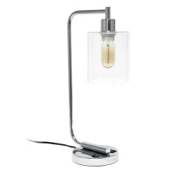 Simple Designs Bronson Antique Style Industrial Iron Lantern Desk Lamp With USB Port And Glass Shade - Chrome