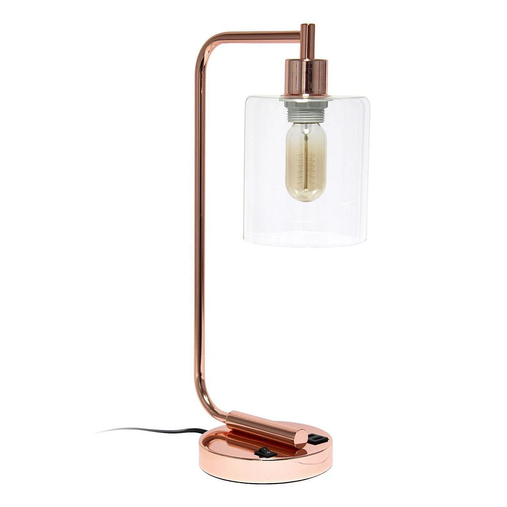 Simple Designs Bronson Antique Style Industrial Iron Lantern Desk Lamp With USB Port And Glass Shade - Rose Gold