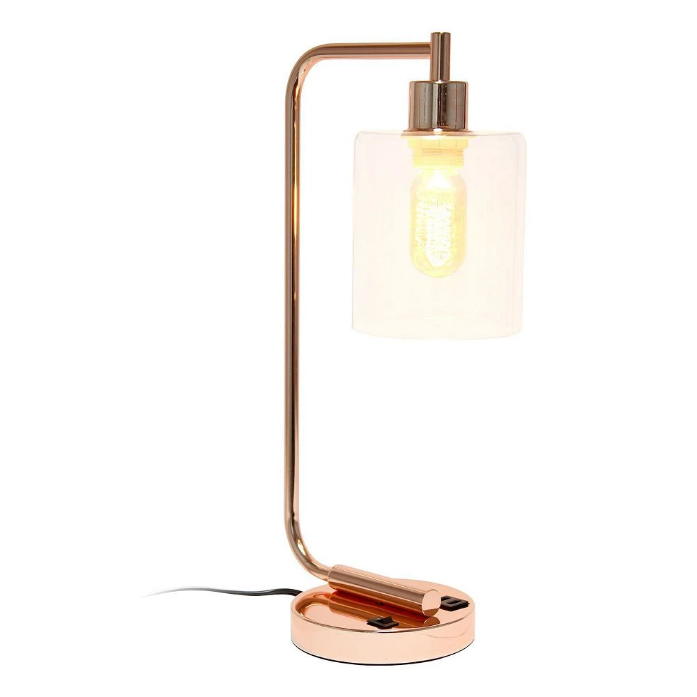 Simple Designs Bronson Antique Style Industrial Iron Lantern Desk Lamp With USB Port And Glass Shade - Rose Gold - Image 2