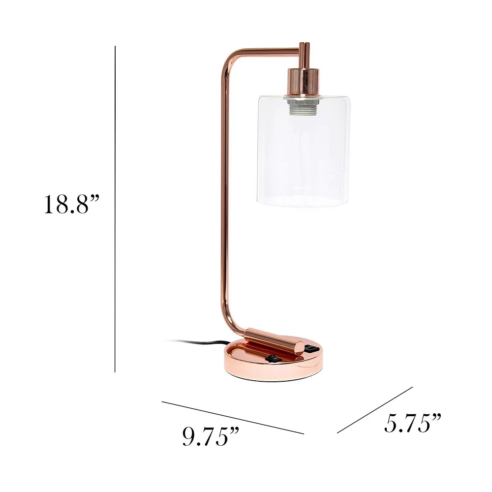 Simple Designs Bronson Antique Style Industrial Iron Lantern Desk Lamp With USB Port And Glass Shade - Rose Gold - Image 3