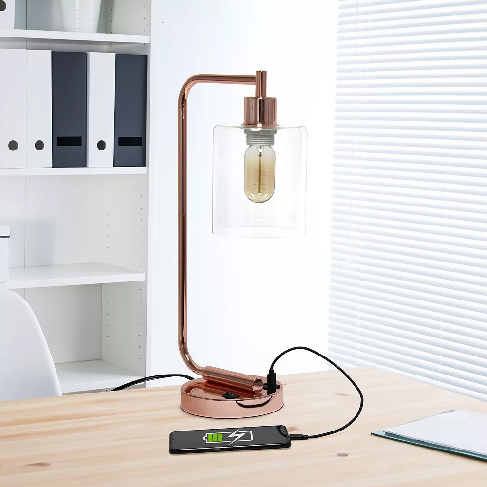 Simple Designs Bronson Antique Style Industrial Iron Lantern Desk Lamp With USB Port And Glass Shade - Rose Gold - Image 4