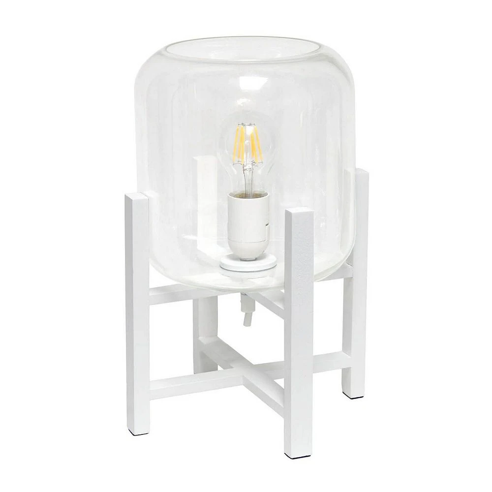 Simple Designs White Wood Mounted Table Lamp With Clear Glass Cylinder Shade