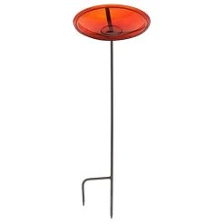 Achla Designs 14 Inch Hand Blown Crackle Glass Birdbath With Metal Stake, Red