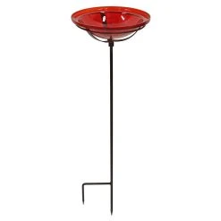 Achla Designs 12 Inch Hand Blown Crackled Glass Birdbath With Metal Stake, Red