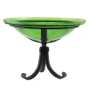 Achla Designs Hand Blown Crackle Glass Garden Birdbath With Tripod Stand, Green
