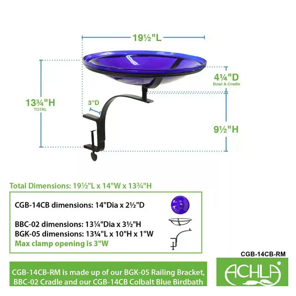 Achla Designs 14 In Crackle Glass Birdbath Decoration W/ Rail Mount, Cobalt Blue - Image 2