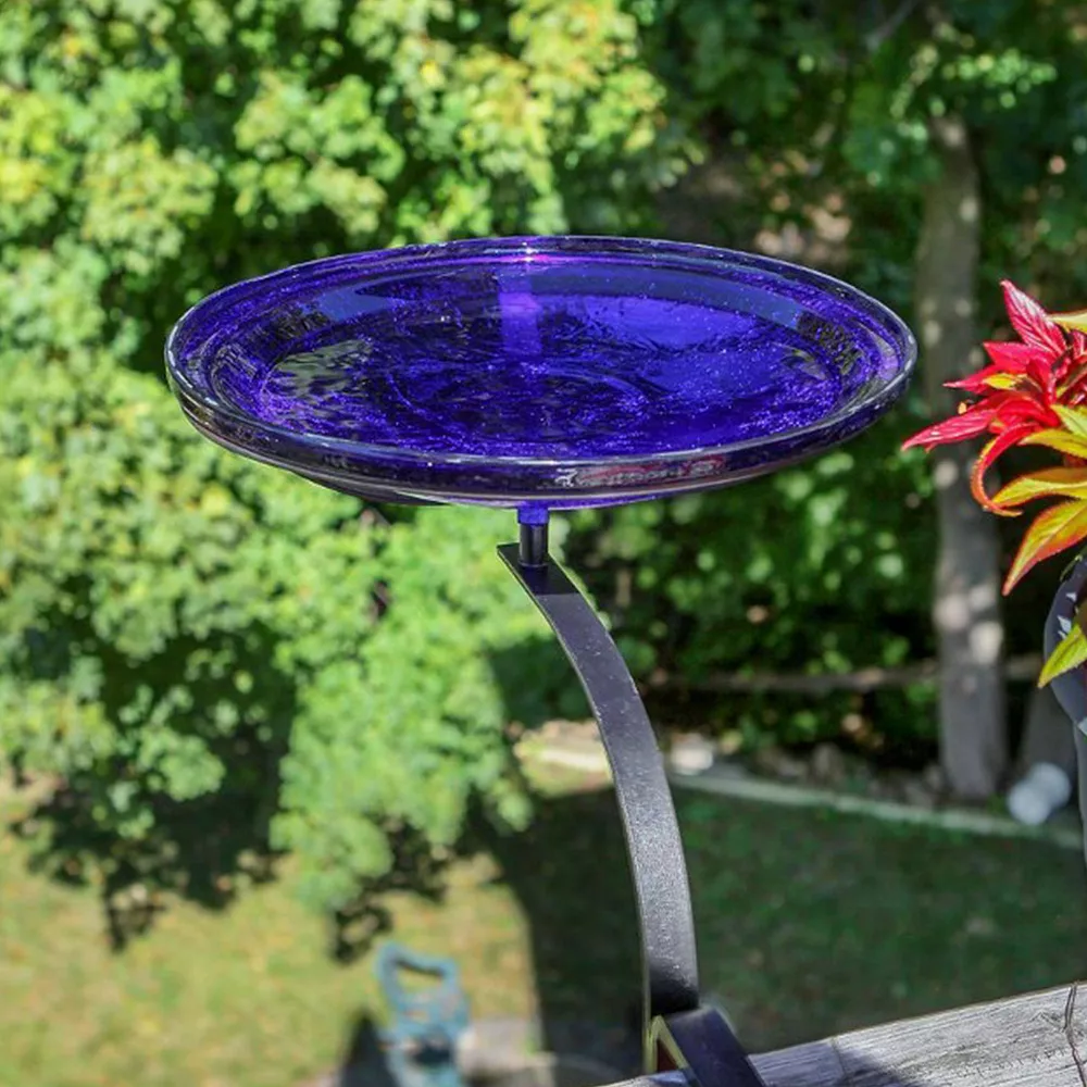 Achla Designs 14 In Crackle Glass Birdbath Decoration W/ Rail Mount, Cobalt Blue - Image 3