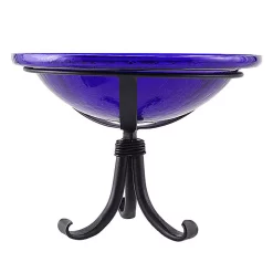 Achla Designs Hand Blown Crackle Glass Birdbath With Tripod Stand, Cobalt Blue
