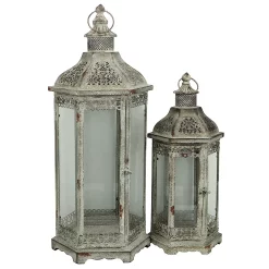 Cheungs Cheung's Home Indoor Decorative Hexagonal Metal Framed Lantern With Glass Panels - Set Of 2, Brown