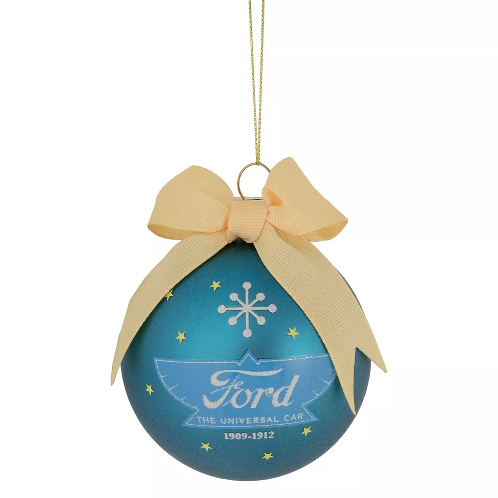 Christmas Central 2.75" Matte Blue "Ford The Universal Car" With A Beige Ribbon Glass Christmas Ball Ornament
