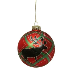 Christmas Central Red And Green Plaid Reindeer Silhouette Glass Christmas Ball Ornament 4" (100mm)