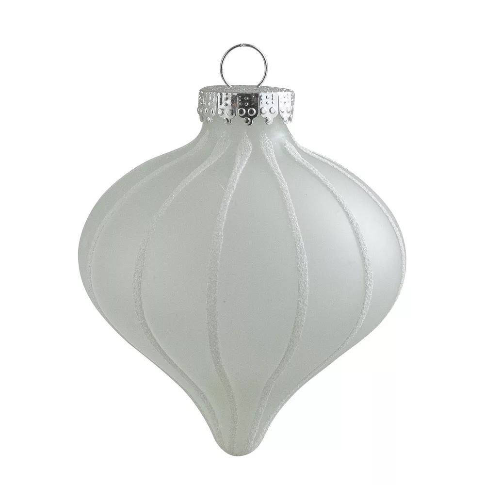 Christmas Central 3ct Clear And White Matte Frosted Glitter Stripes Glass Christmas Onion Drop Ornaments 3.25" (75mm) - Image 2