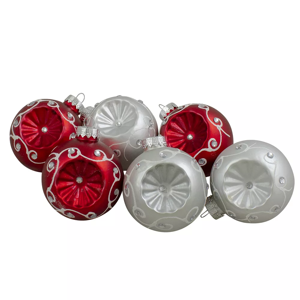 Christmas Central 6ct Red And Silver Retro Reflector Matte Glass Christmas Ball Ornament Set 3.25" (82mm)