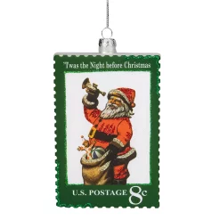 Christmas Central 3.5" Green USPS Santa Stamp "Twas The Night Before Christmas" Glass Christmas Ornament