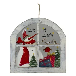 Christmas Central White Rustic "Let It Snow" Snowman Glass Window Scene Christmas Wall Decor