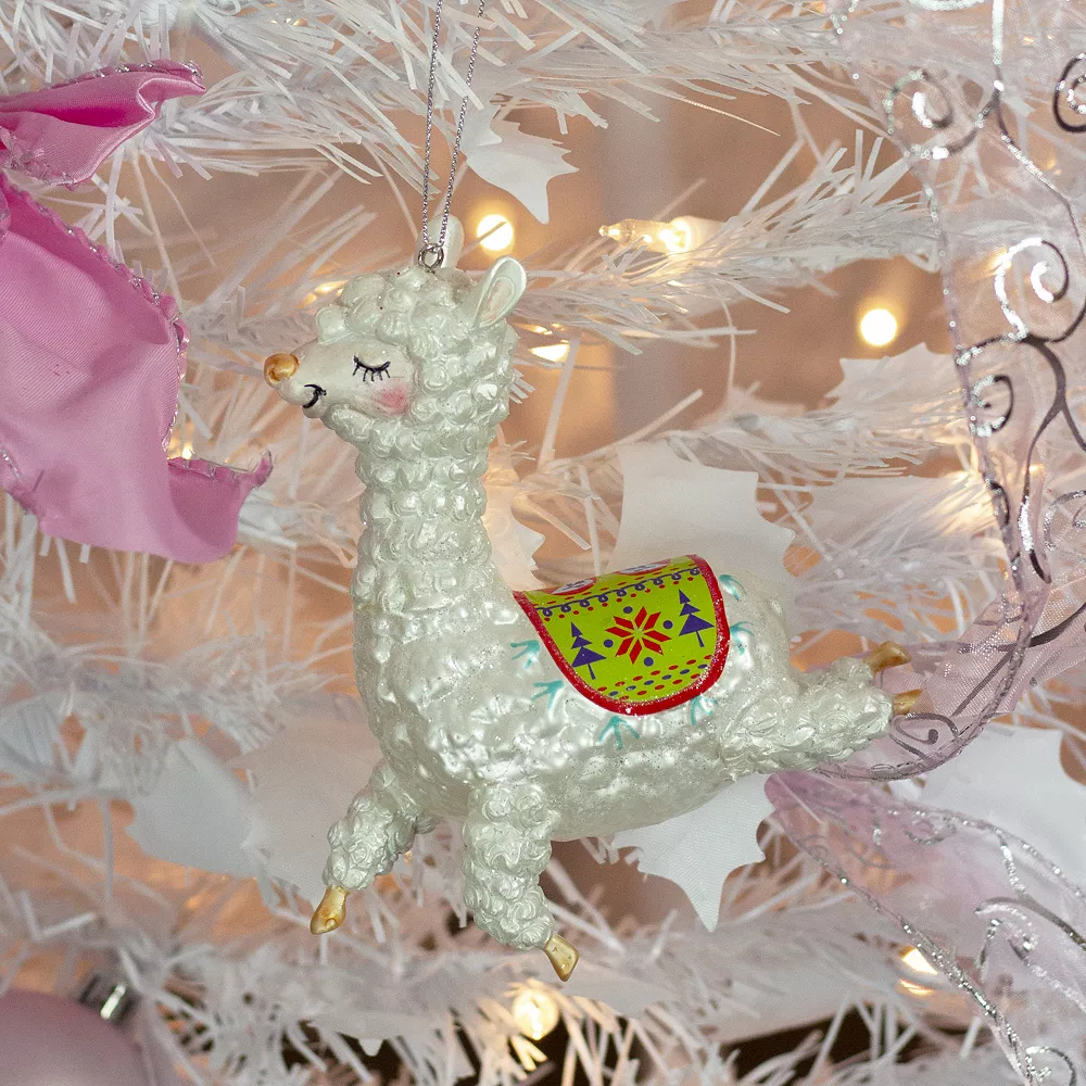 Christmas Central 5" White And Green Glittered Regal Jumping Llama Glass Christmas Ornament - Image 2