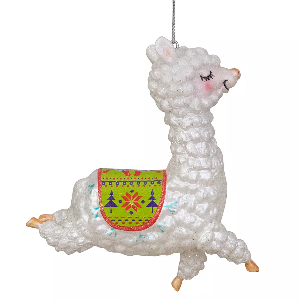 Christmas Central 5" White And Green Glittered Regal Jumping Llama Glass Christmas Ornament - Image 3