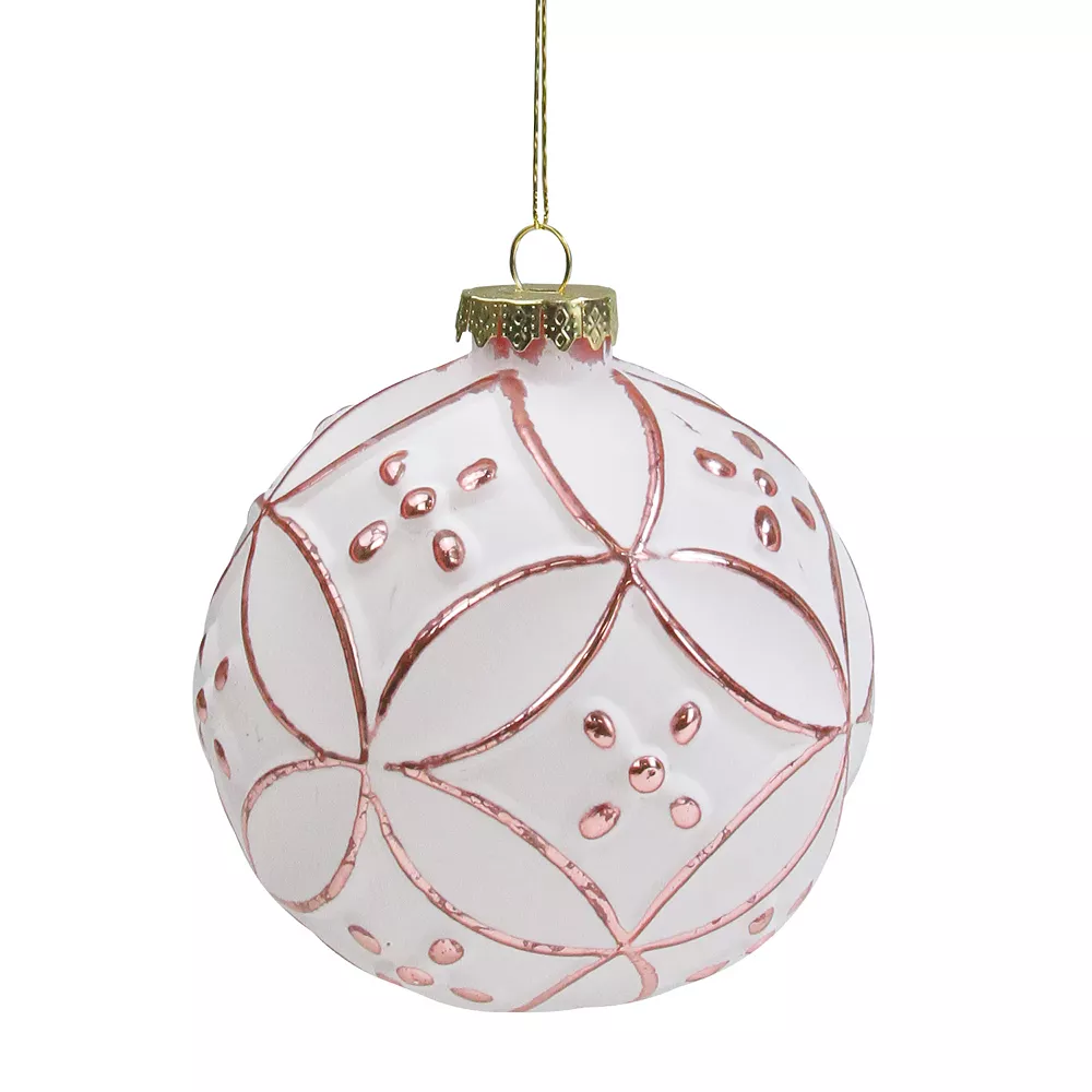Christmas Central Matte White And Pink Floral Glass Hanging Christmas Ball Ornament 3.75" (95mm)