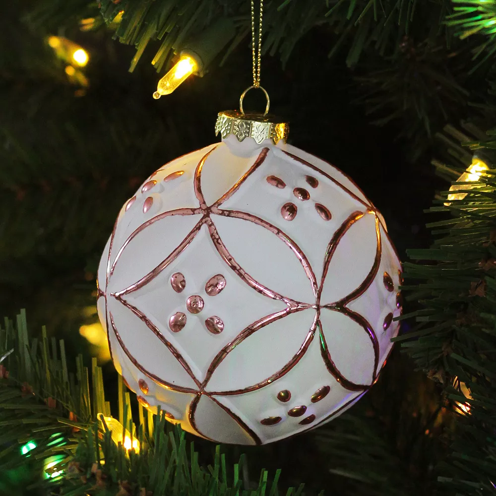 Christmas Central Matte White And Pink Floral Glass Hanging Christmas Ball Ornament 3.75" (95mm) - Image 2