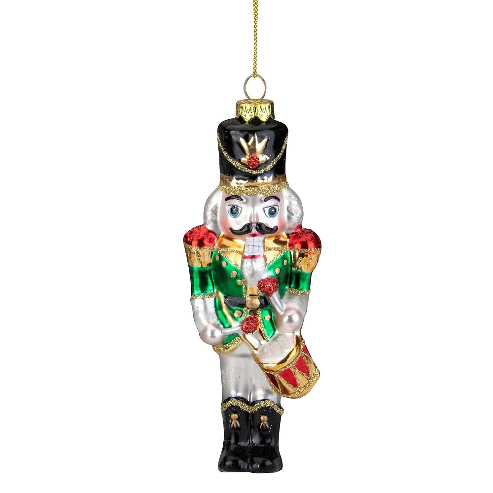 Christmas Central 5.25" Green Red And Gold Nutcracker With Drum Glass Christmas Ornament