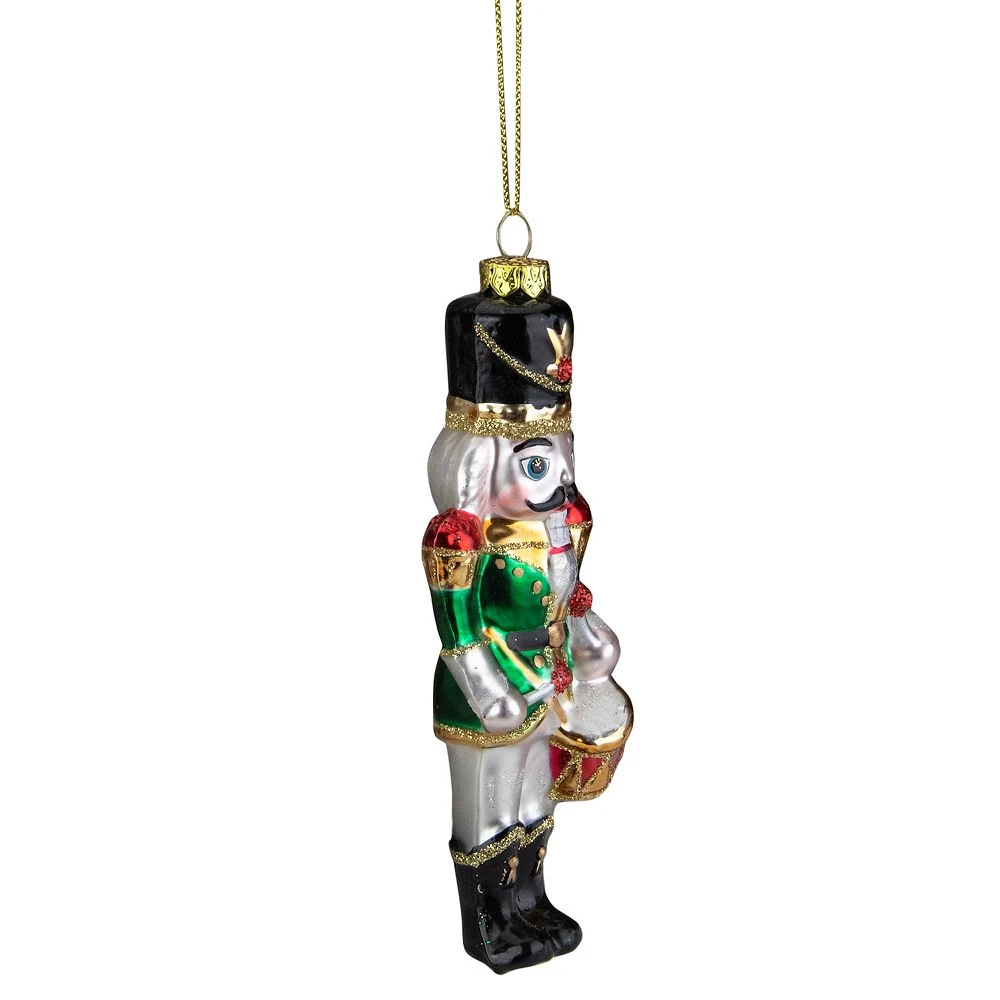 Christmas Central 5.25" Green Red And Gold Nutcracker With Drum Glass Christmas Ornament - Image 3