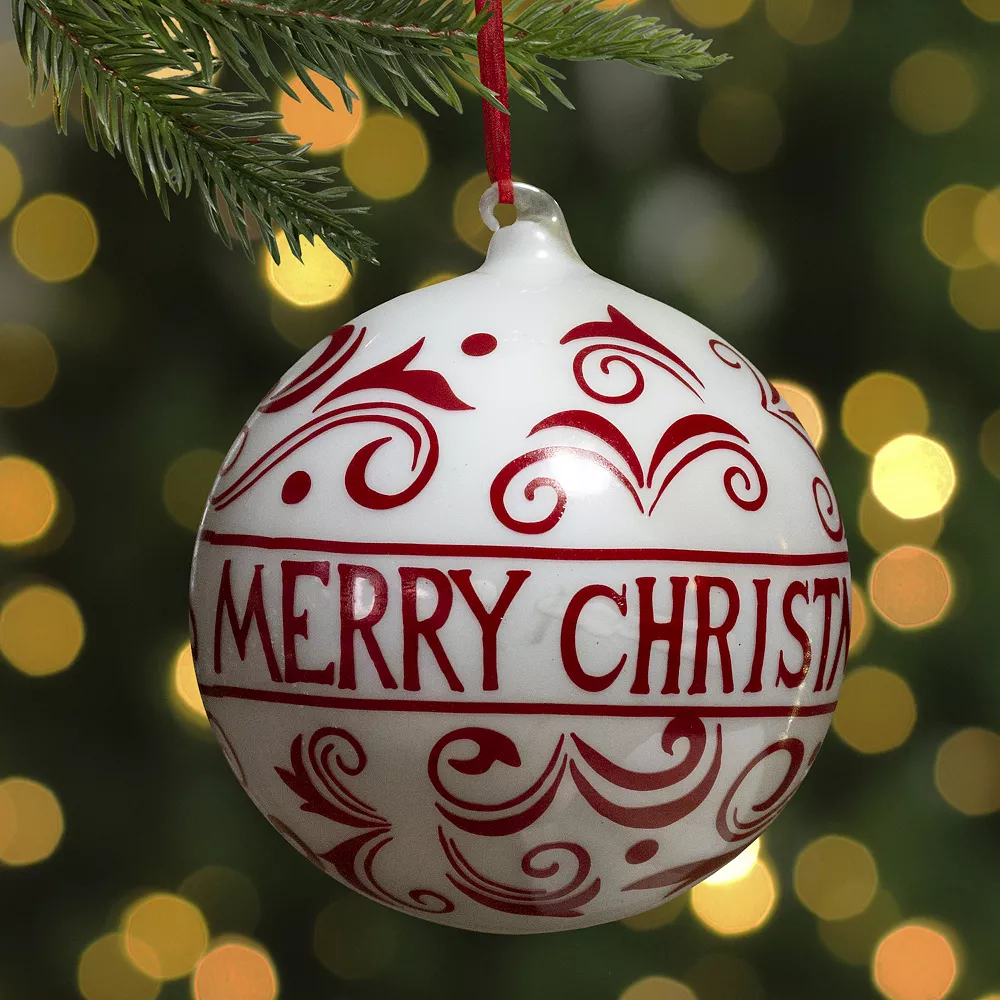 Christmas Central 6" Red And White Merry Christmas Glass Ball Ornament - Image 2