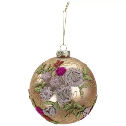 Christmas Central 4.5" Pink Floral Applique Glass Ball Christmas Ornament