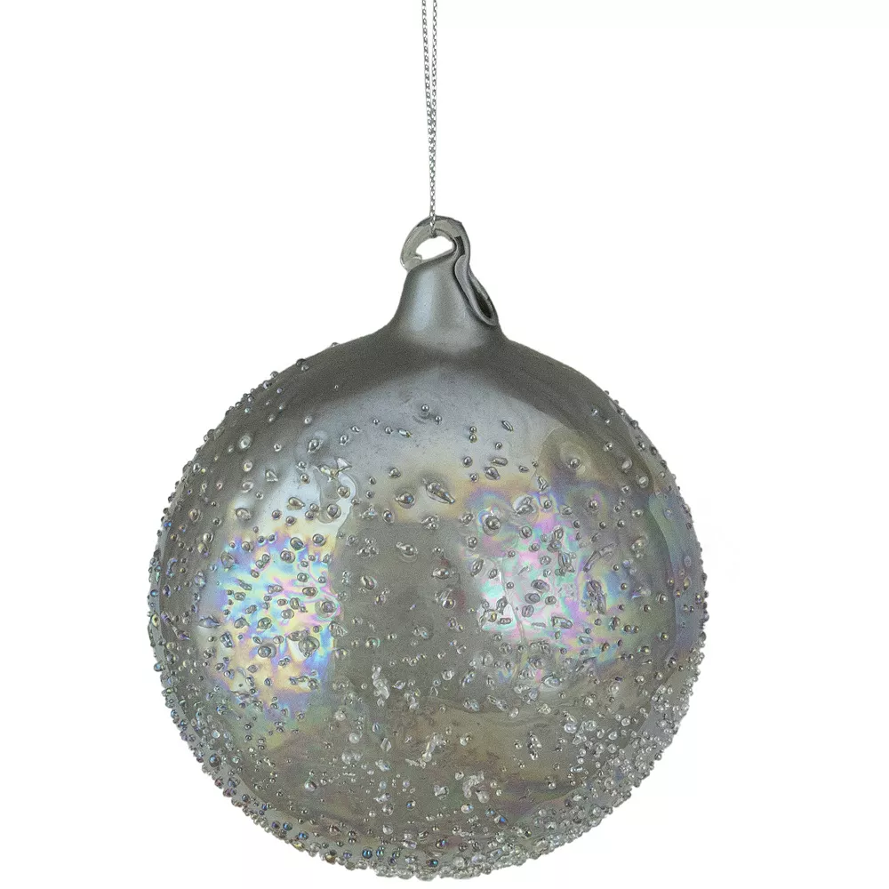 Christmas Central 4" Silver Iridescent Glass Ball Christmas Ornament