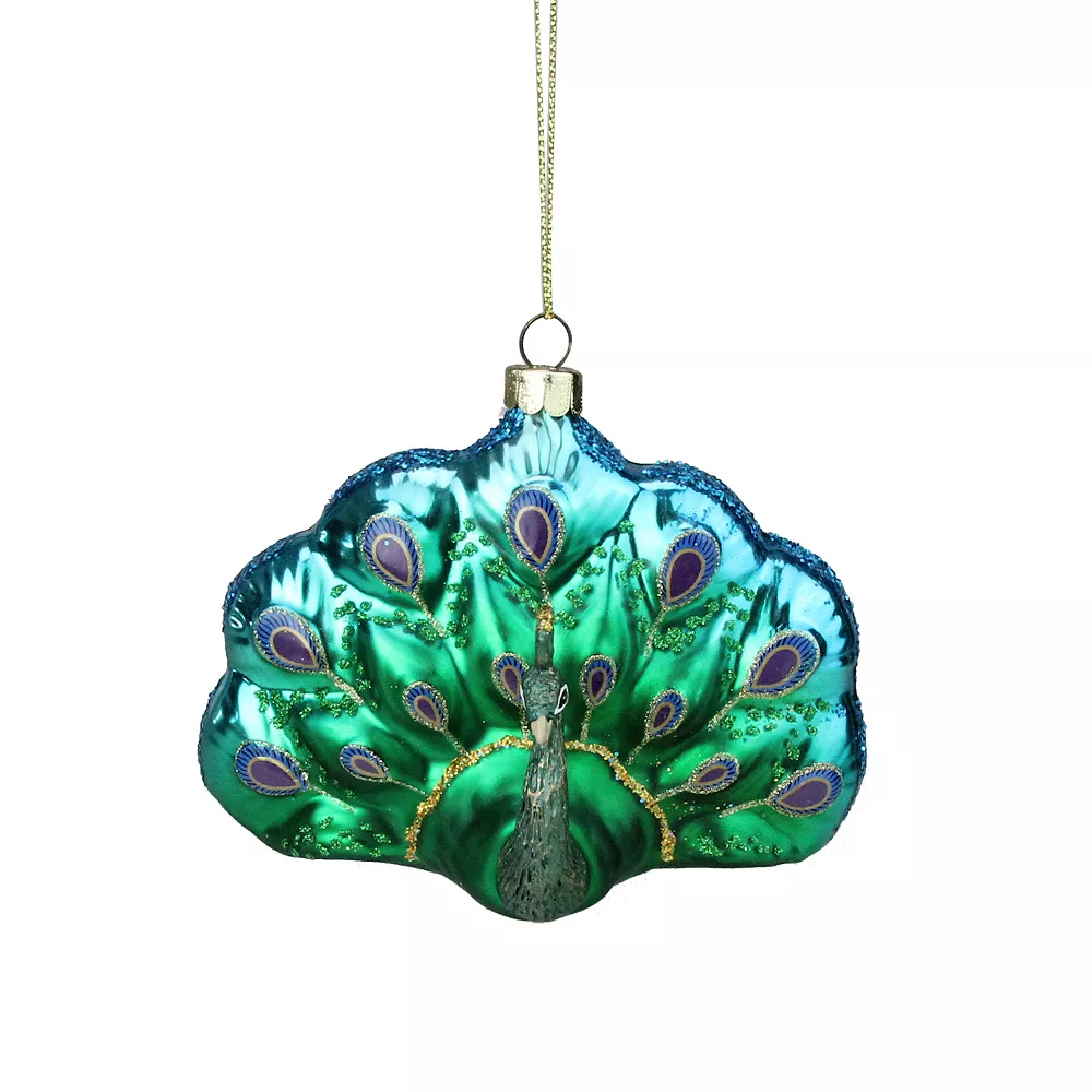 Christmas Central 4.25" Blue And Green Peacock Glittered Glass Christmas Ornament
