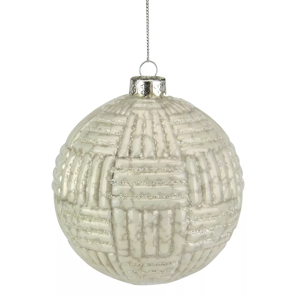 Christmas Central 4" Cloudy White Geometric Glass Ball Christmas Ornament