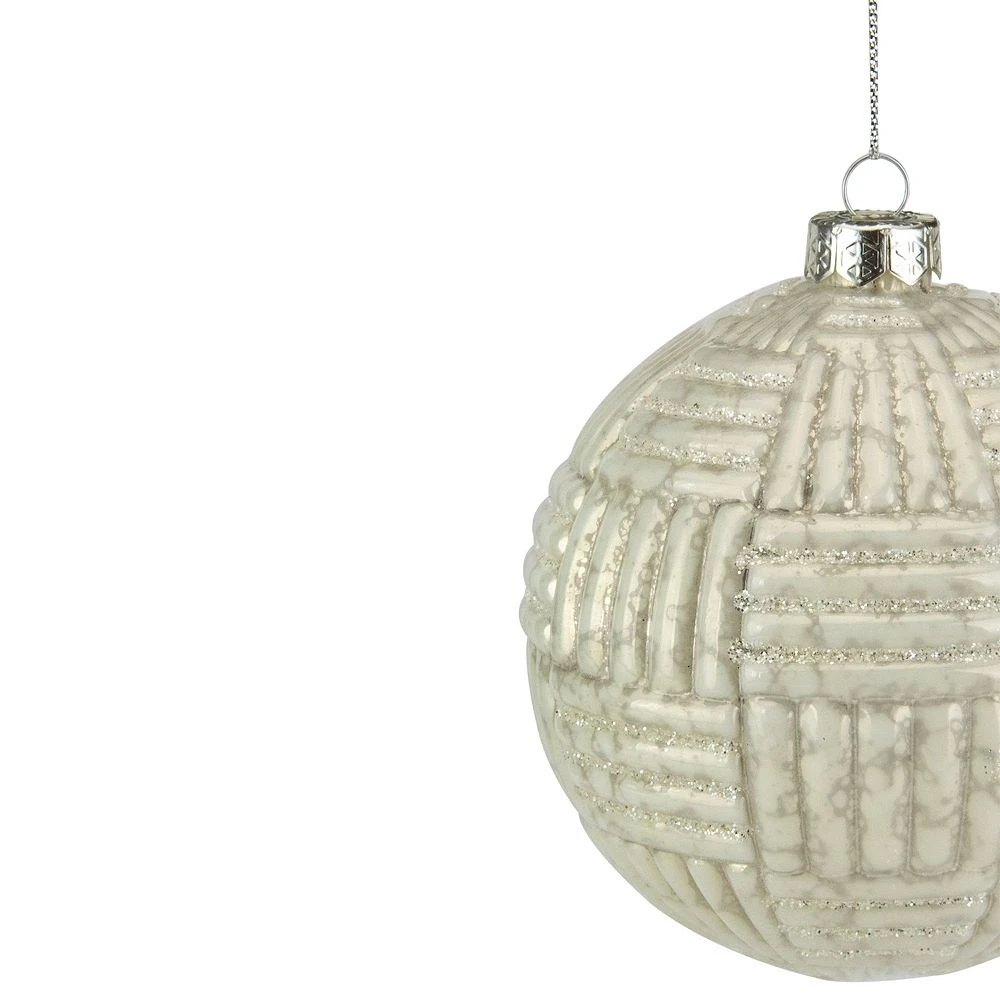 Christmas Central 4" Cloudy White Geometric Glass Ball Christmas Ornament - Image 2
