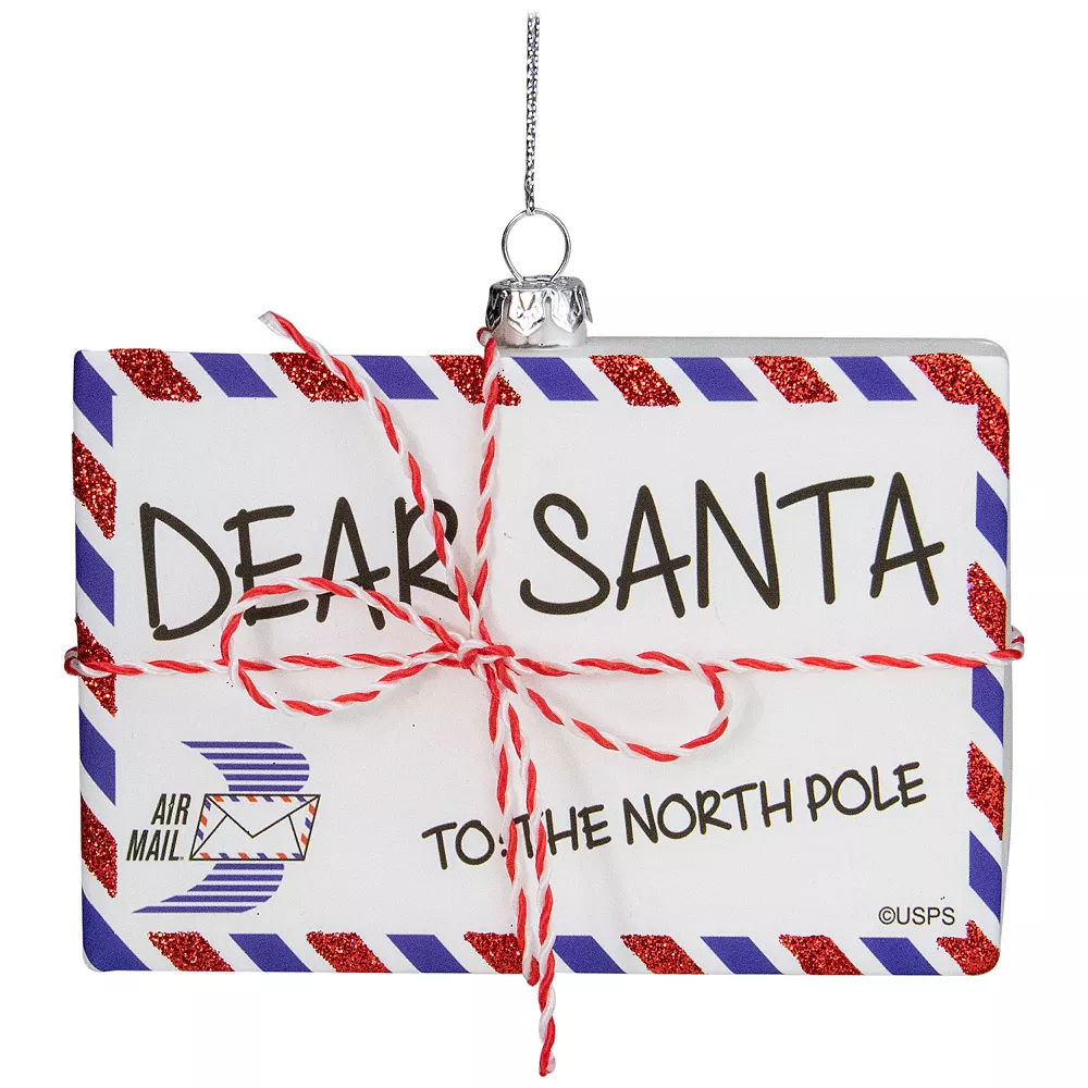 Christmas Central 3.5" White Envelope "USPS Dear Santa" With Stripes Glass Christmas Ornament