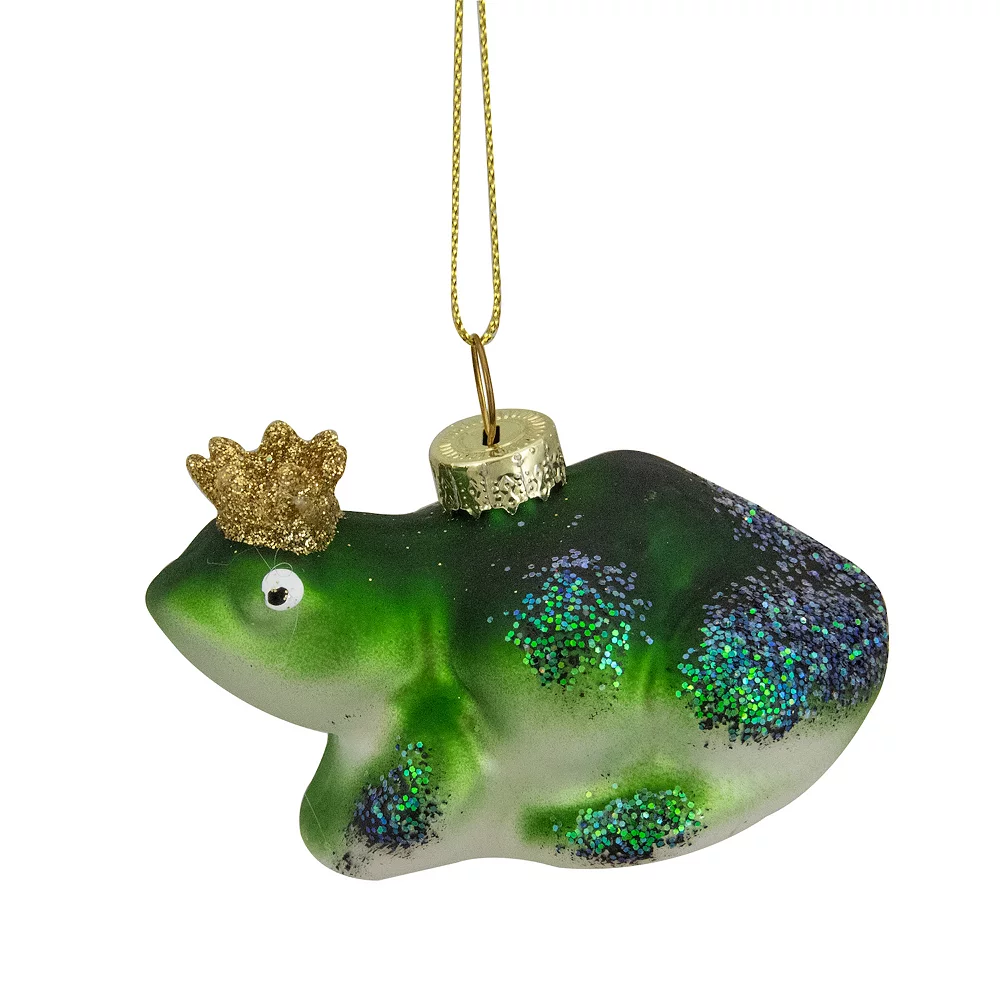 Christmas Central 3" Green And White Prince Frog In A Gold Crown Glass Christmas Ornament