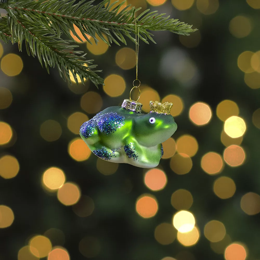 Christmas Central 3" Green And White Prince Frog In A Gold Crown Glass Christmas Ornament - Image 2
