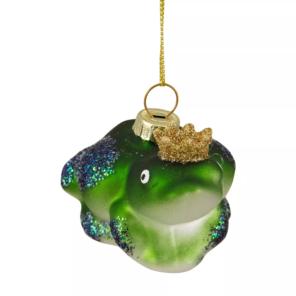 Christmas Central 3" Green And White Prince Frog In A Gold Crown Glass Christmas Ornament - Image 3