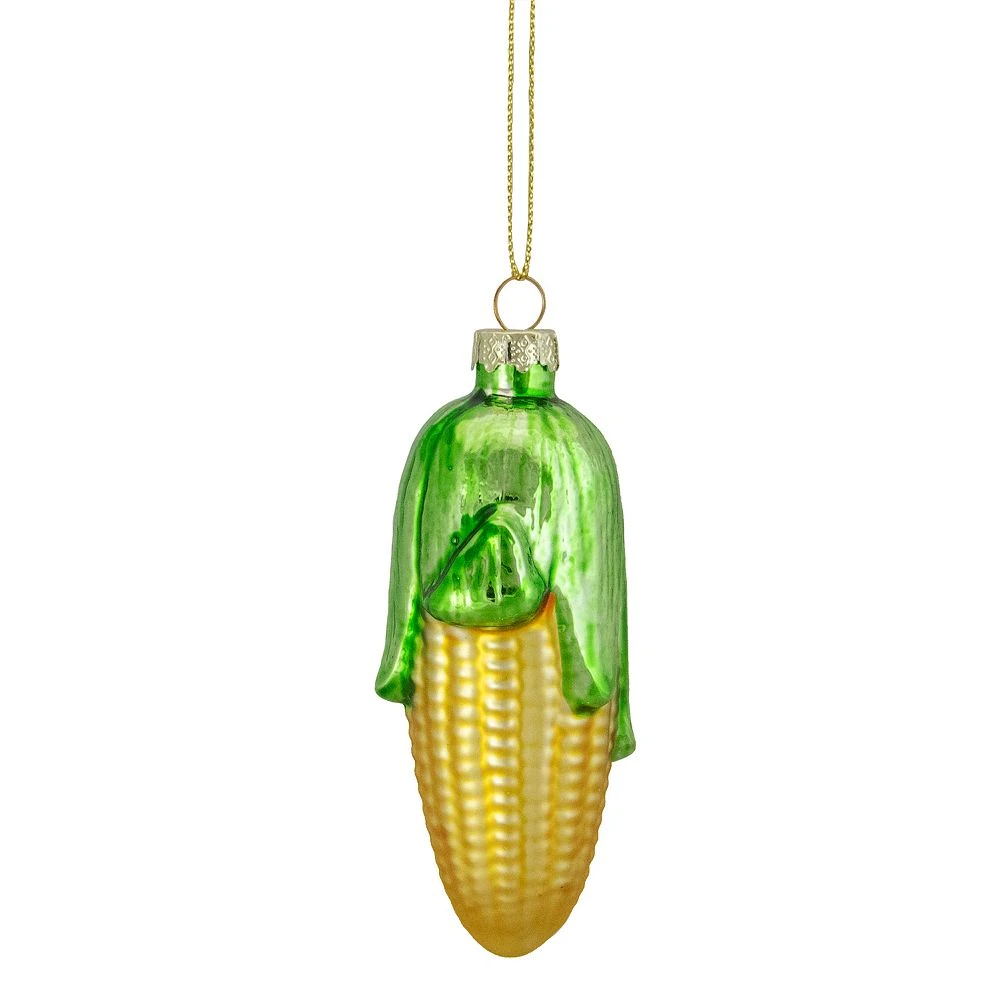 Christmas Central 4" Yellow And Green Corn On The Cob Glass Christmas Ornament