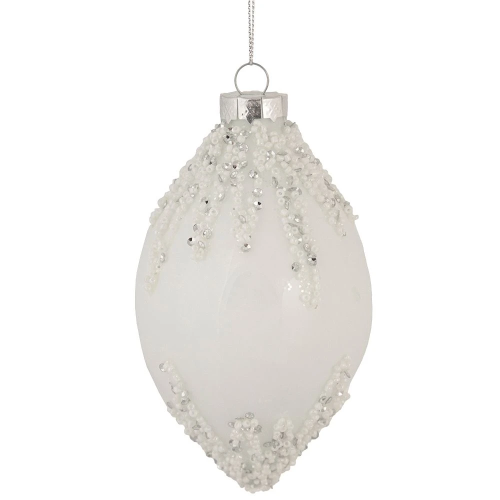 Christmas Central 5" White Beaded And Silver Sequins Christmas Glass Finial Ornament