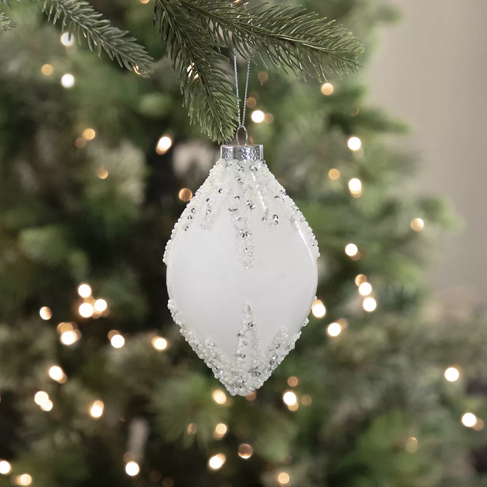 Christmas Central 5" White Beaded And Silver Sequins Christmas Glass Finial Ornament - Image 2
