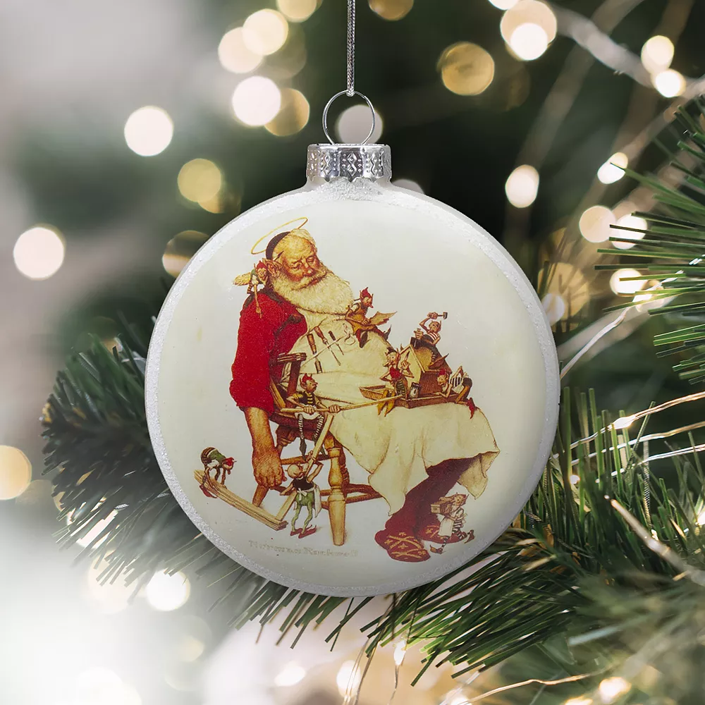 Christmas Central 3" Norman Rockwell 'Santa And His Helpers' Glass Christmas Disc Ornament - Image 2